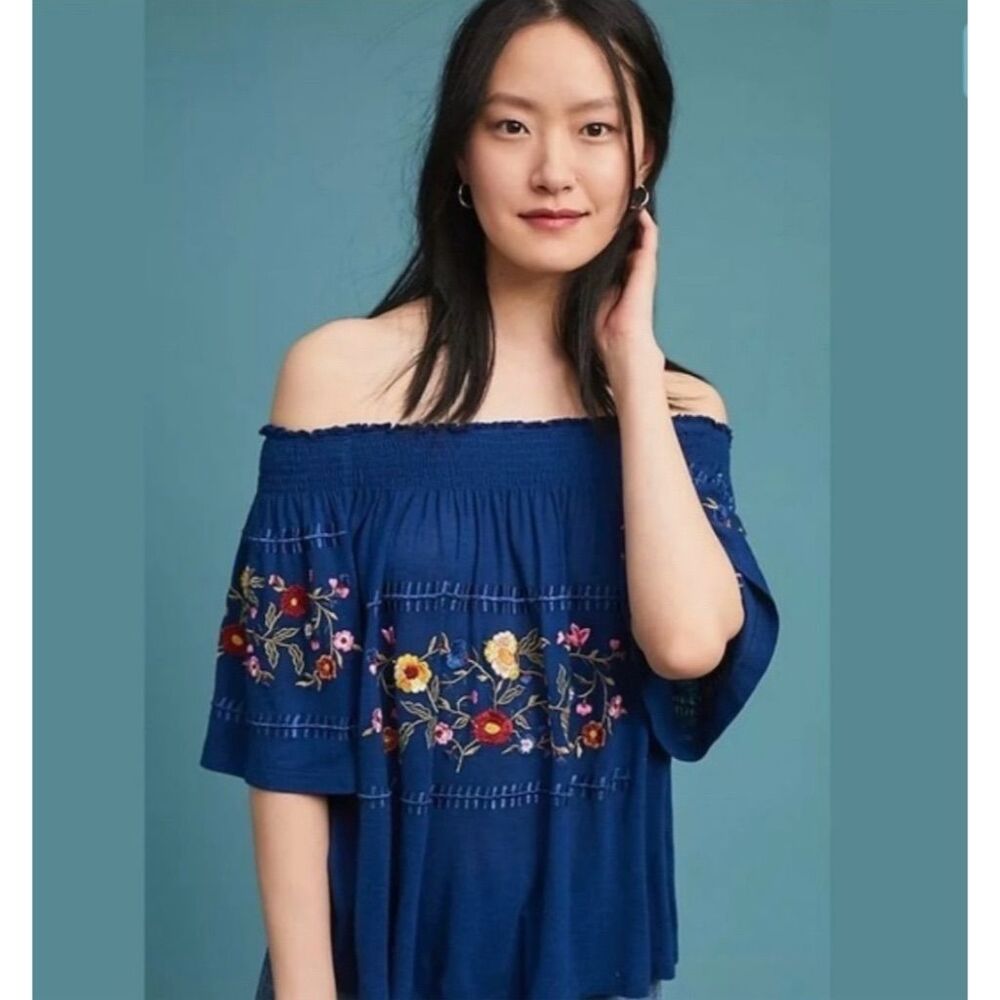 Anthropologie Ranna Gill‎ Women's XS Blue Embroidered Off Shoulder Blouse Boho